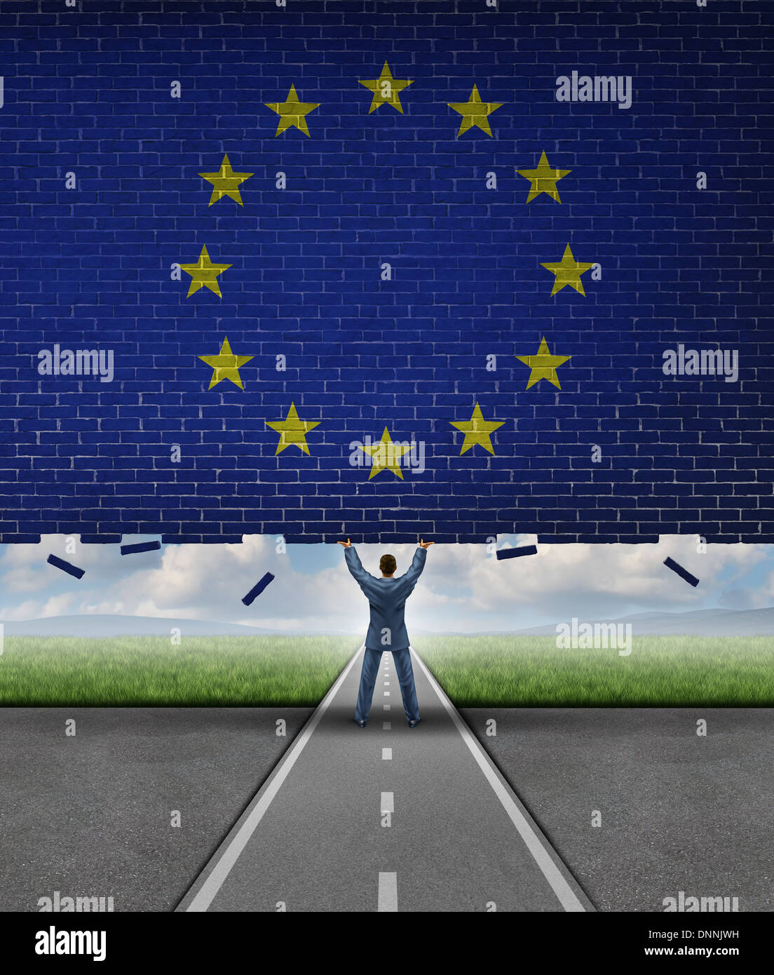In pausa il mercato europeo il concetto di business con un imprenditore solleva un muro di mattoni con la bandiera dell'Europa dipinta sulla superficie come una metafora per accedere alle opportunità commerciali. Foto Stock