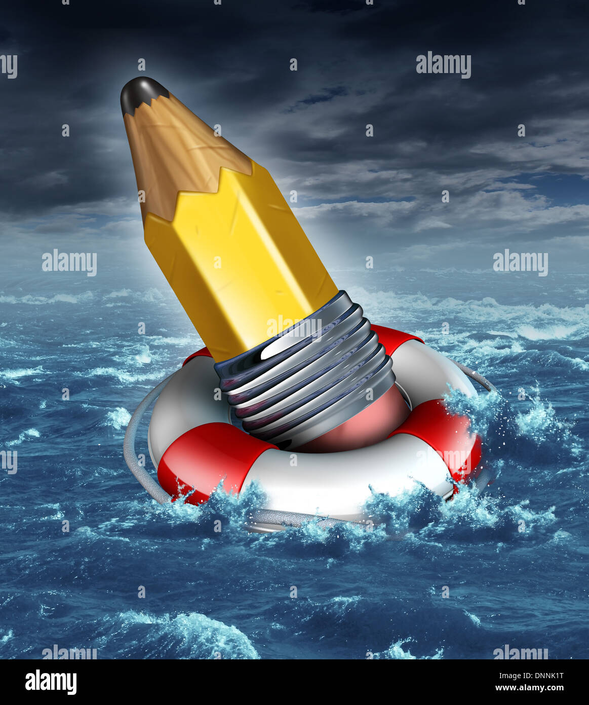 Creative guida in linea e supporto in un concetto di business come una matita gialla di essere salvato da una vita della cinghia o ancora di salvezza in un oceano burrascoso. Foto Stock