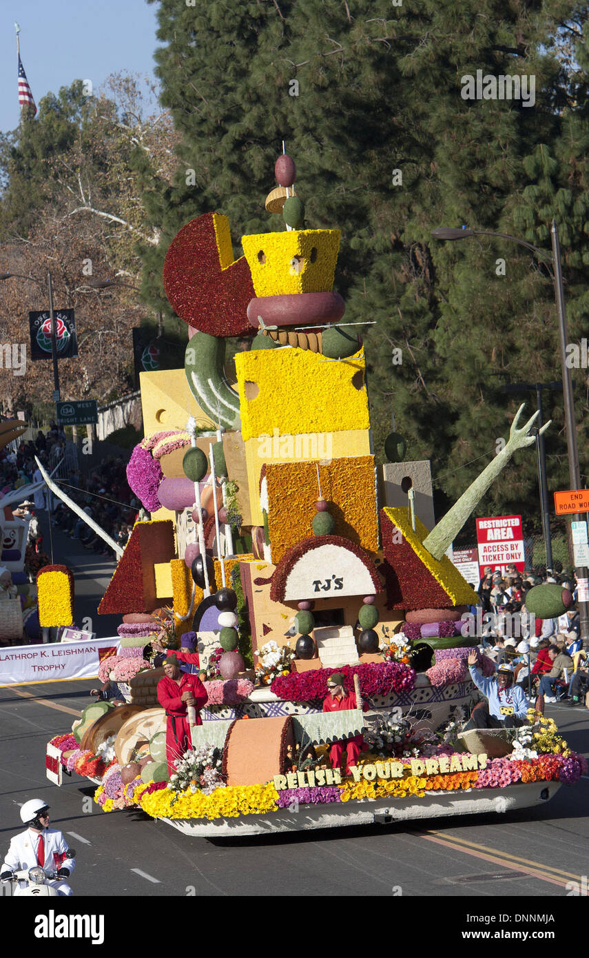 Pasadena, CALIFORNIA, STATI UNITI D'AMERICA. 1a gen, 2014. Trader Joe's galleggiante ''assaporare i tuoi sogni'' durante il 125th Torneo delle Rose Parade di Pasadena, California, mercoledì 1 gennaio, 2014.ARMANDO ARORIZO. Credito: Armando Arorizo/Prensa Internacional/ZUMAPRESS.com/Alamy Live News Foto Stock