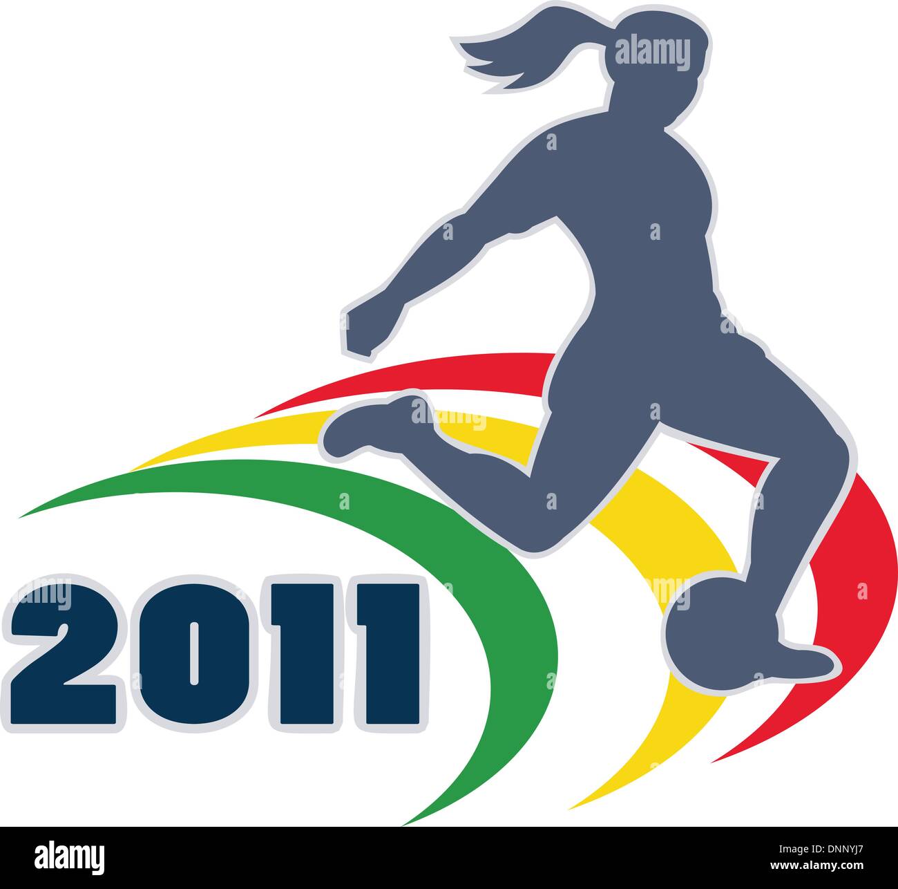 Illustrazione di una donna giocatore di calcio silhouette calciare il pallone con parole 2011 Illustrazione Vettoriale