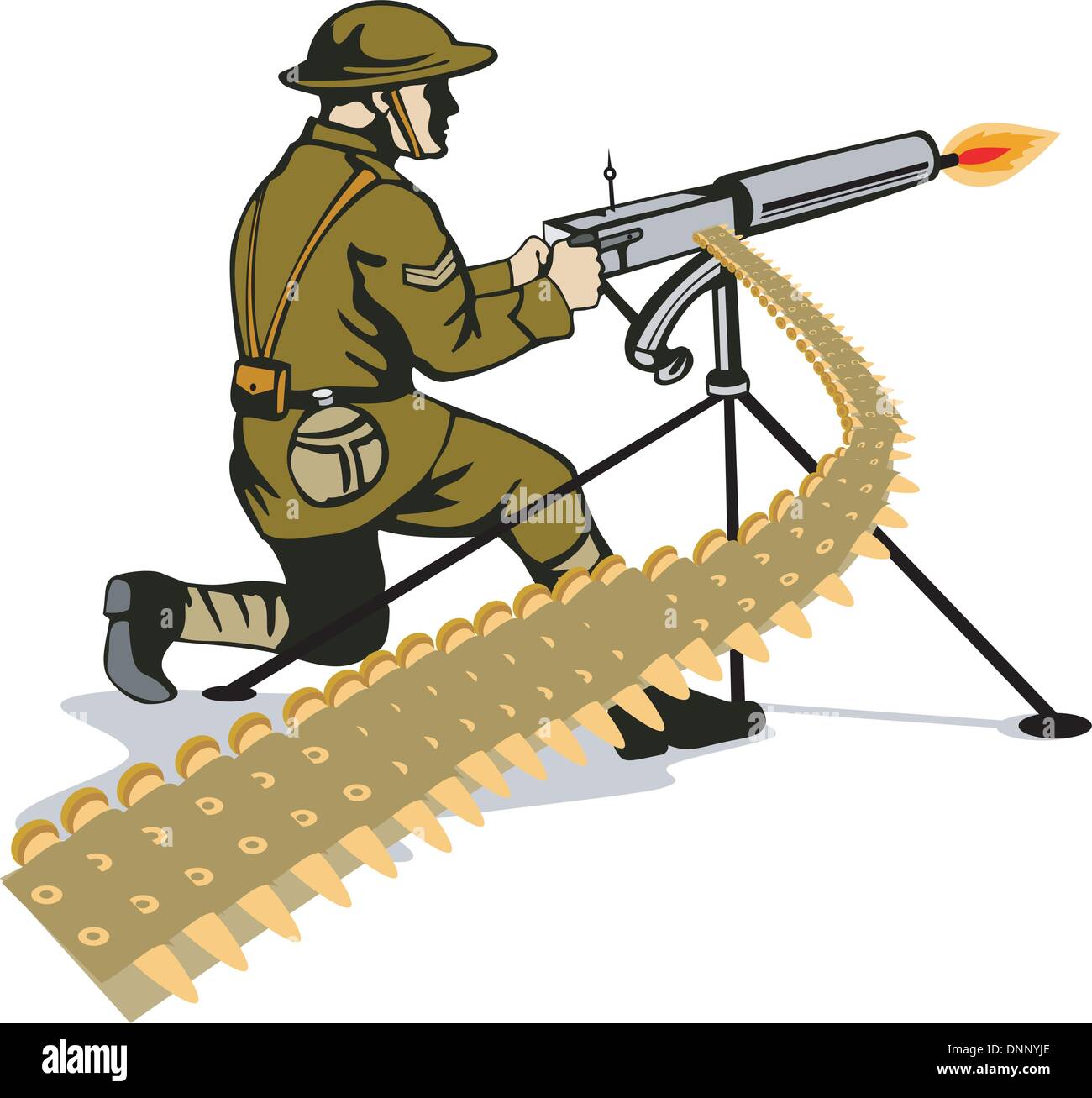 Illustrazione del soldato macchina di puntamento spari impostato su isolato sfondo bianco fatto in stile retrò. Illustrazione Vettoriale