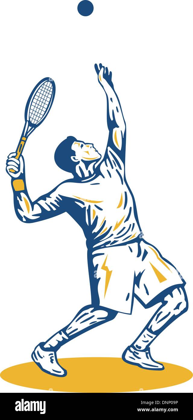 Illustrazione di un giocatore di tennis che serve palla in aria osservata dal lato isolato su sfondo bianco fatto in stile retrò. Illustrazione Vettoriale