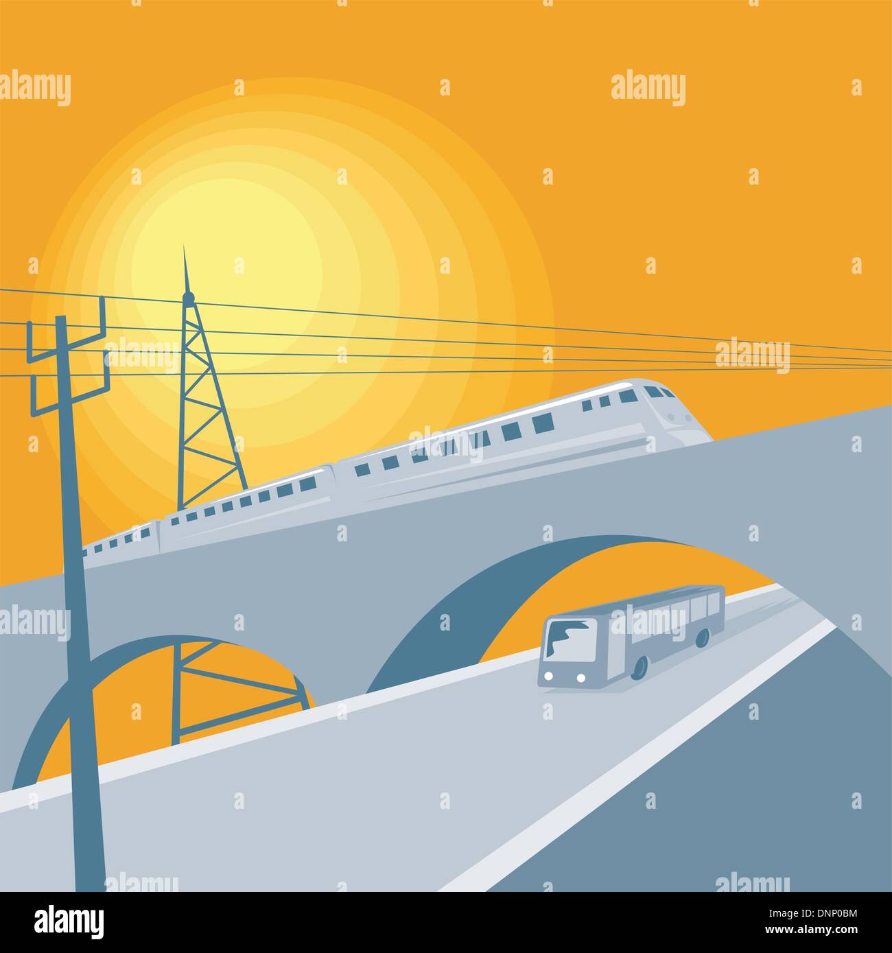 Illustrazione di un treno diesel viadotto di attraversamento di ponte e pullman navetta bus sulla strada fatto in stile retrò. Illustrazione Vettoriale