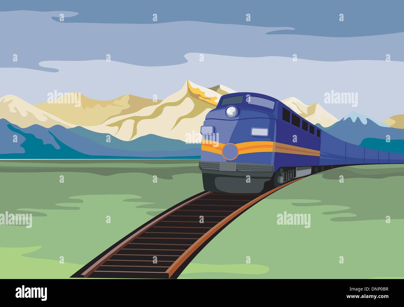 Illustrazione di un treno diesel visto da un angolo alto fatto in stile retrò. Illustrazione Vettoriale