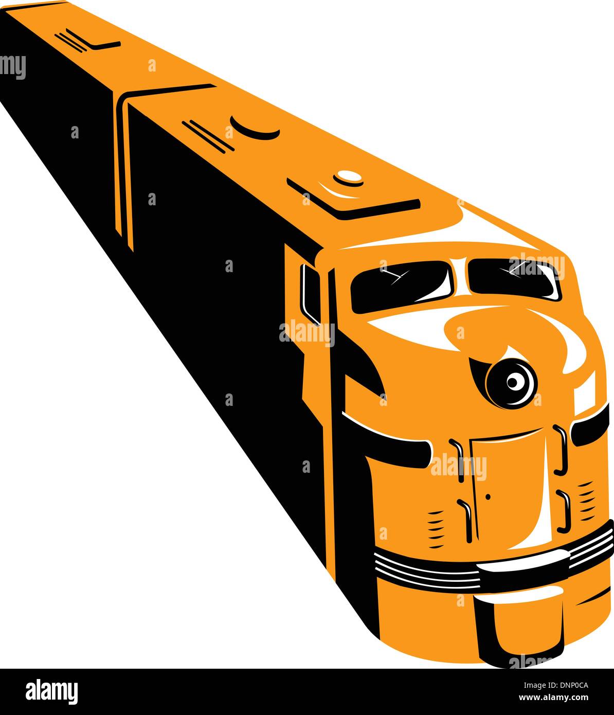 Illustrazione di un treno diesel visto da un angolo alto fatto in stile retrò isolato su sfondo bianco. Illustrazione Vettoriale