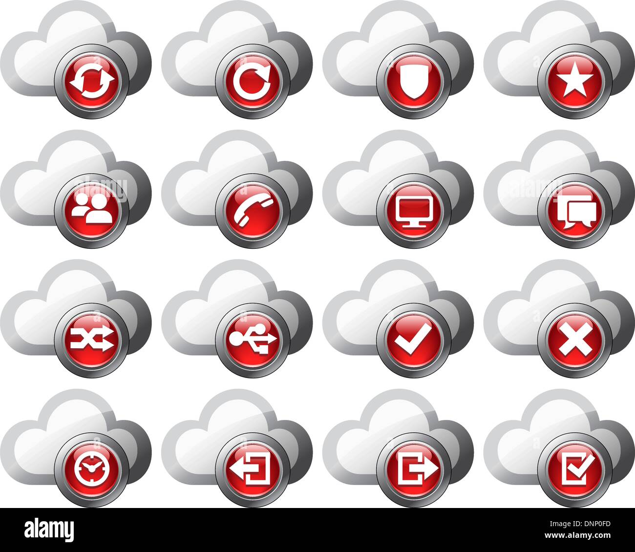 Cloud virtuali caricare le icone e i pulsanti di download, telefono, ripristinare il backup e salvare i file del computer e dei media digitali Illustrazione Vettoriale