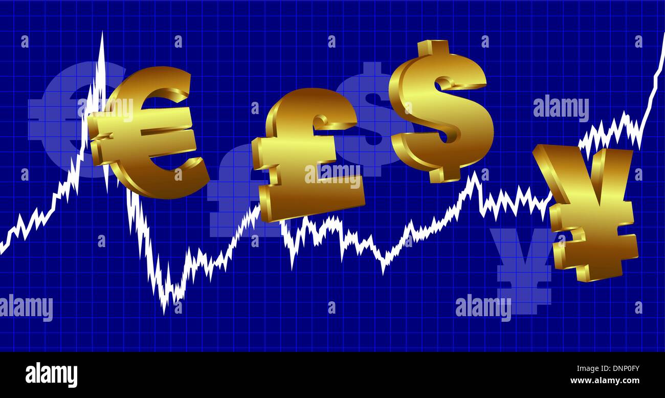 Il mercato azionario grafico con i simboli di valuta su uno sfondo blu Illustrazione Vettoriale