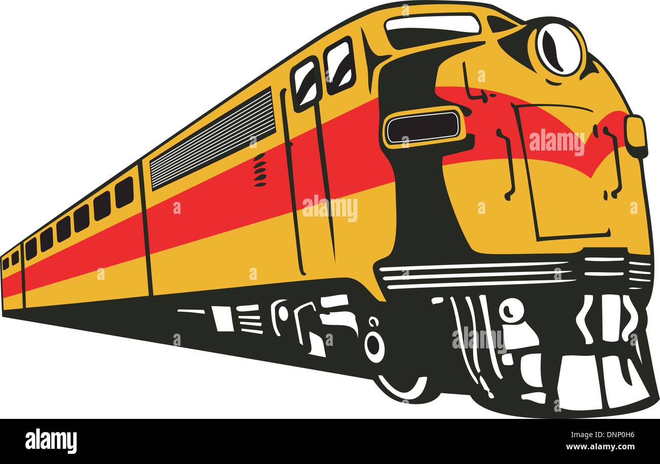 Illustrazione di un treno diesel visto da un angolo basso fatto in stile retrò isolato su sfondo bianco. Illustrazione Vettoriale