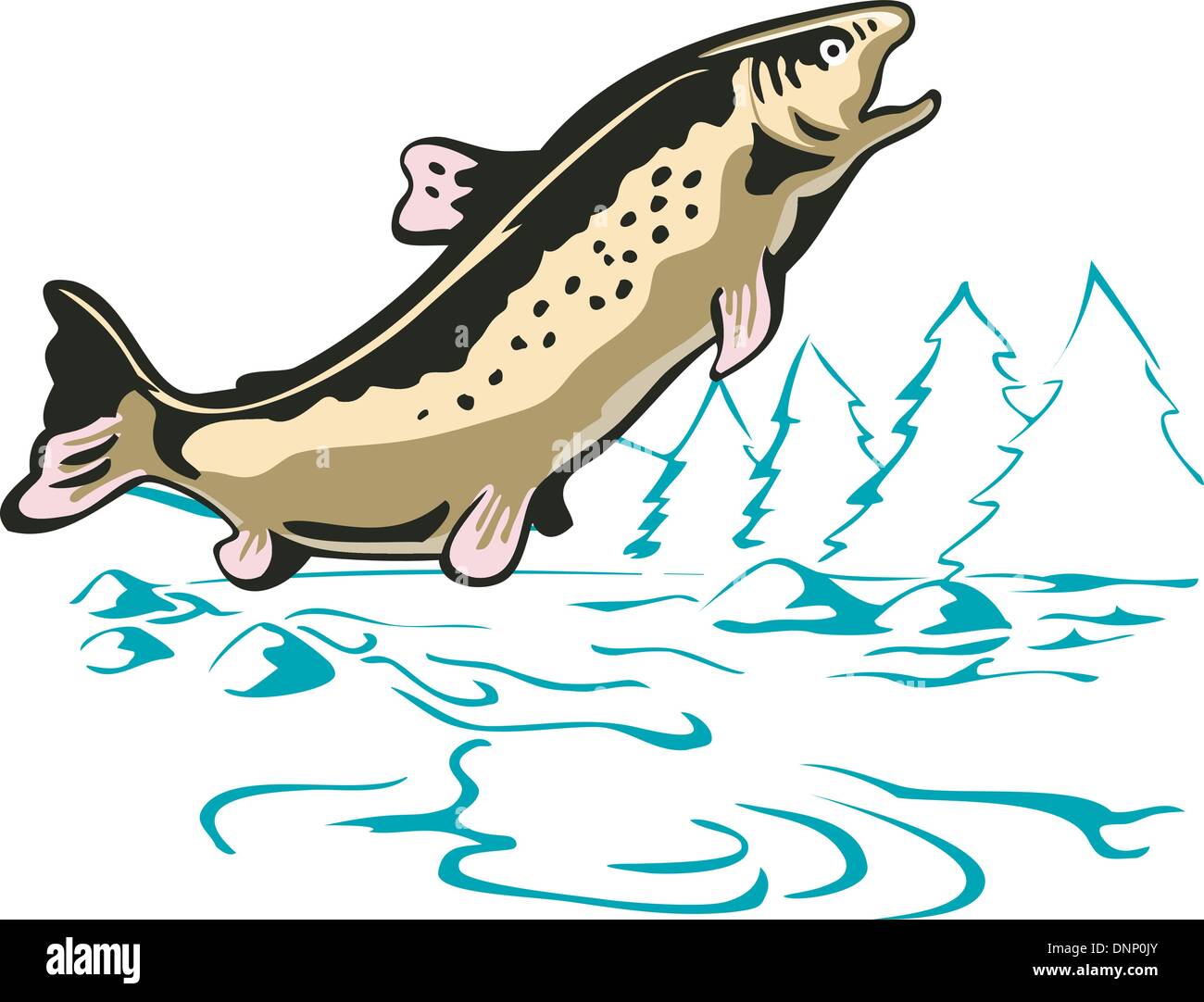 Illustrazione di un pesce trote saltando visto dal lato fatto in stile retrò. Illustrazione Vettoriale