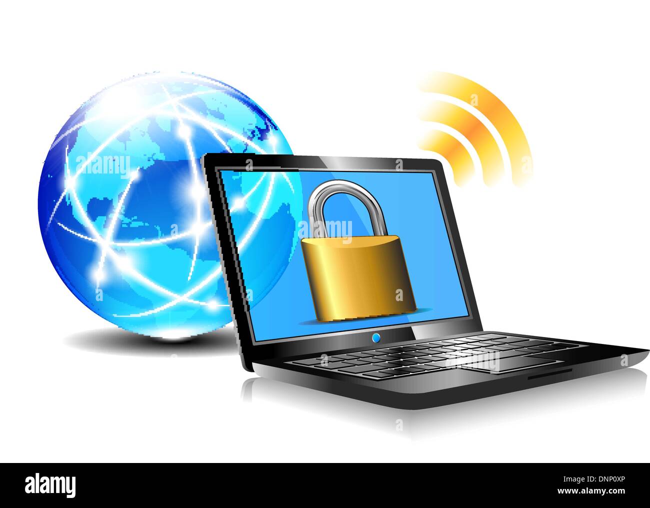 Protezione del notebook - connessione Internet con il mondo globale - protetto da password Illustrazione Vettoriale