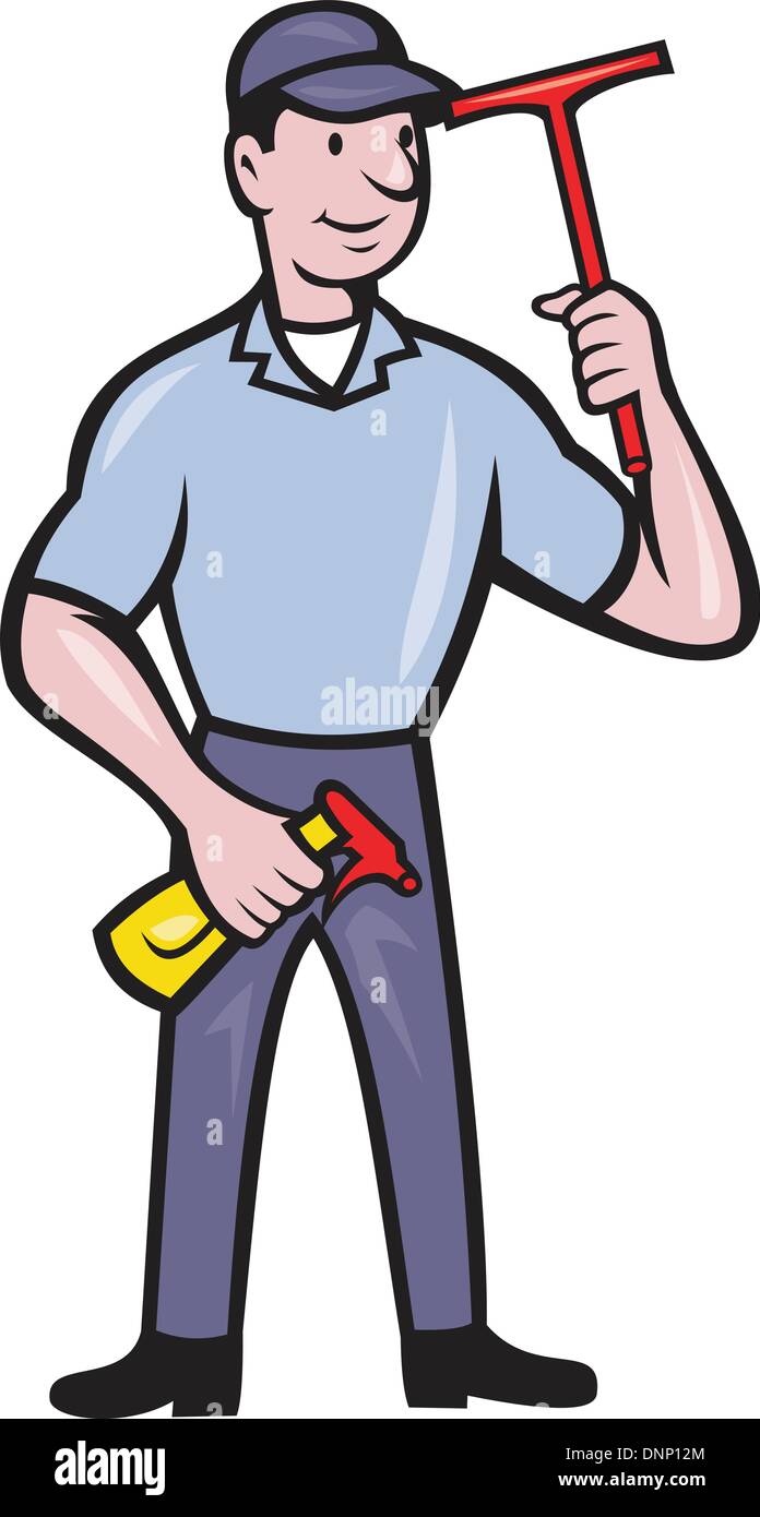 Illustrazione di detergente per vetri con spatola e la bottiglia spray fatto in stile cartoon. Illustrazione Vettoriale