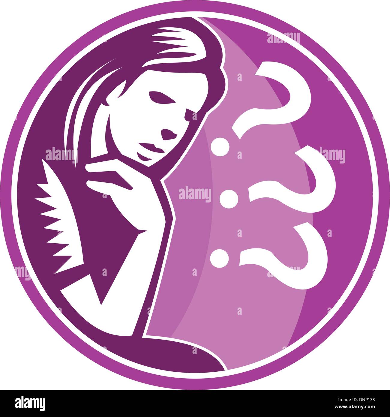 Illustrazione della donna pensatore femmina pensare preoccuparsi guardando preoccupato insieme all'interno del cerchio fatto rétro xilografia stile. Illustrazione Vettoriale