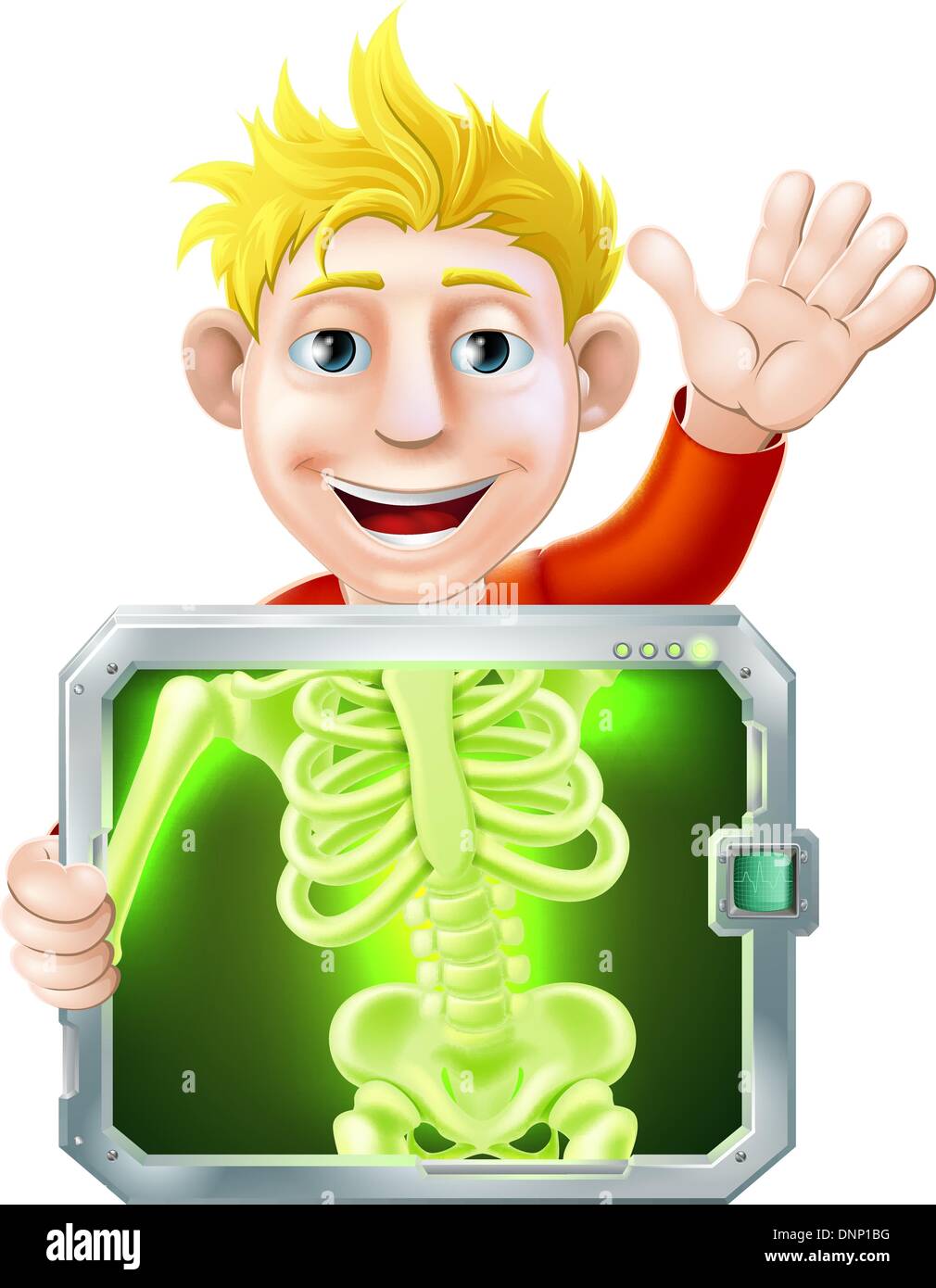 Illustrazione di un cartone animato uomo o bay ottenendo un medico x ray e agitando con la mano Illustrazione Vettoriale