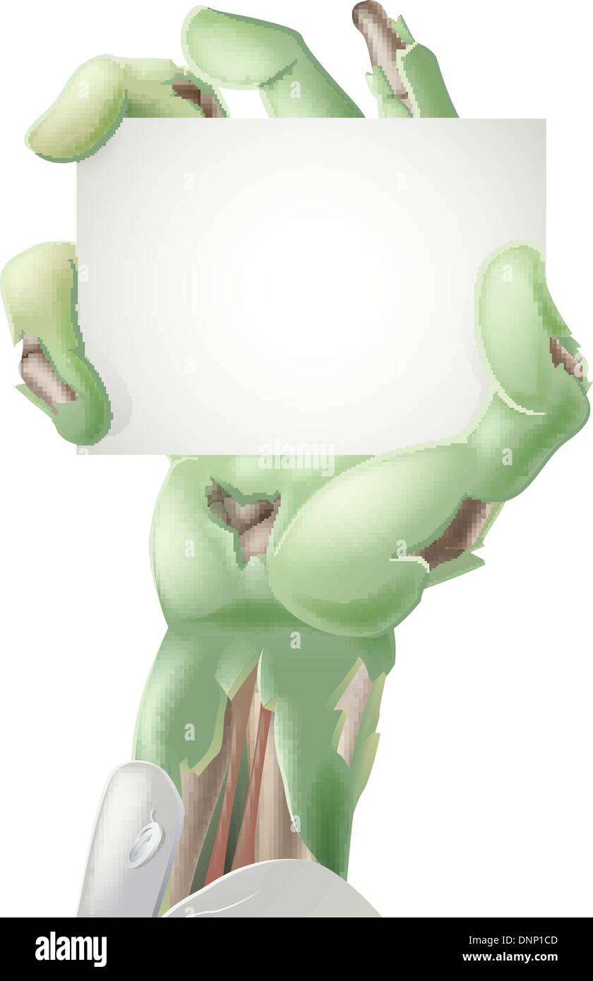 Un Halloween zombie undead mano che tiene un cartello vuoto pronto per il testo o immagine Illustrazione Vettoriale