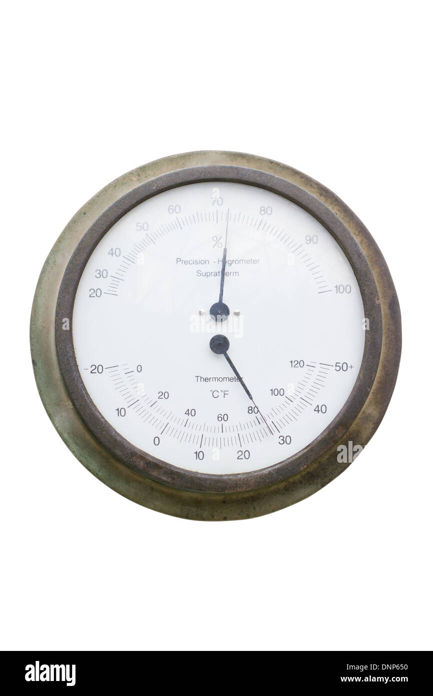 Isolamento di un igrometro(vintage misuratore di umidità). Foto Stock