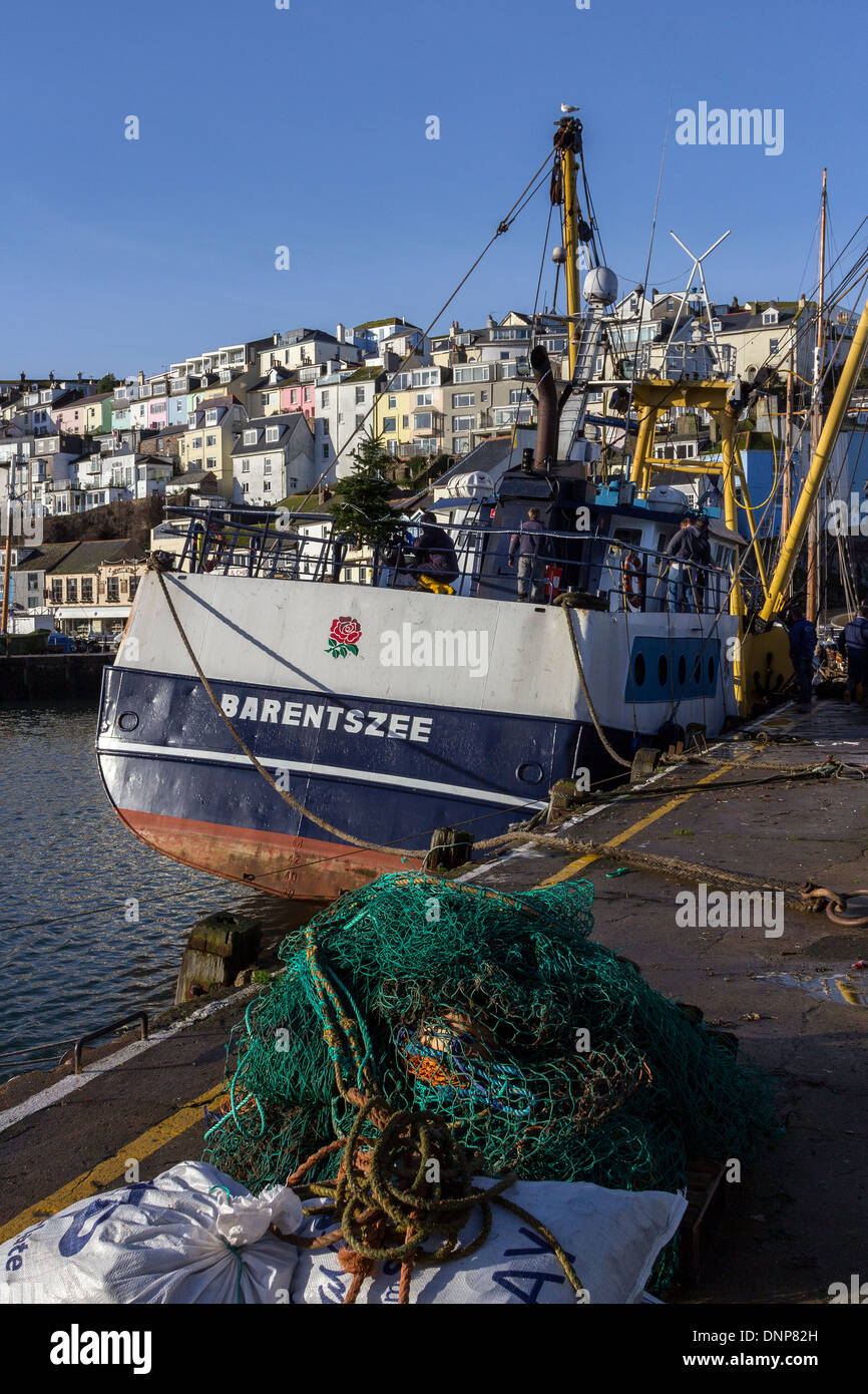 Barentzee,trawler,ormeggiati,,brixham devon,barca, frangionde, Brixham, costa, Devon, Inghilterra, pesca, pescare, Porto, porto, ormeggio Foto Stock