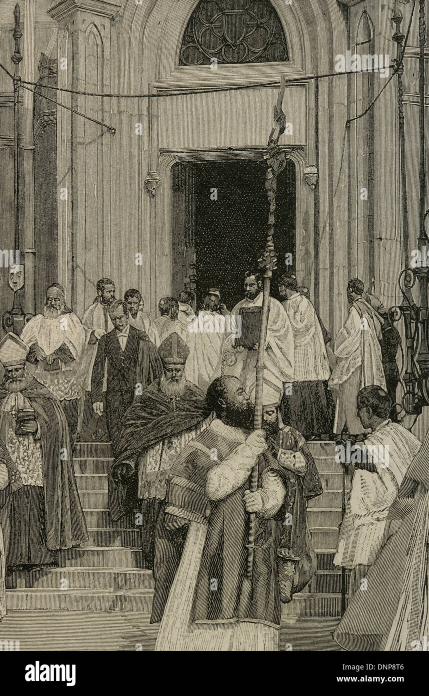 Charles Lavigerie (1825-1892). Missionario francese e il cardinale. Il trasporto delle reliquie di San Luigi. Incisione. Foto Stock