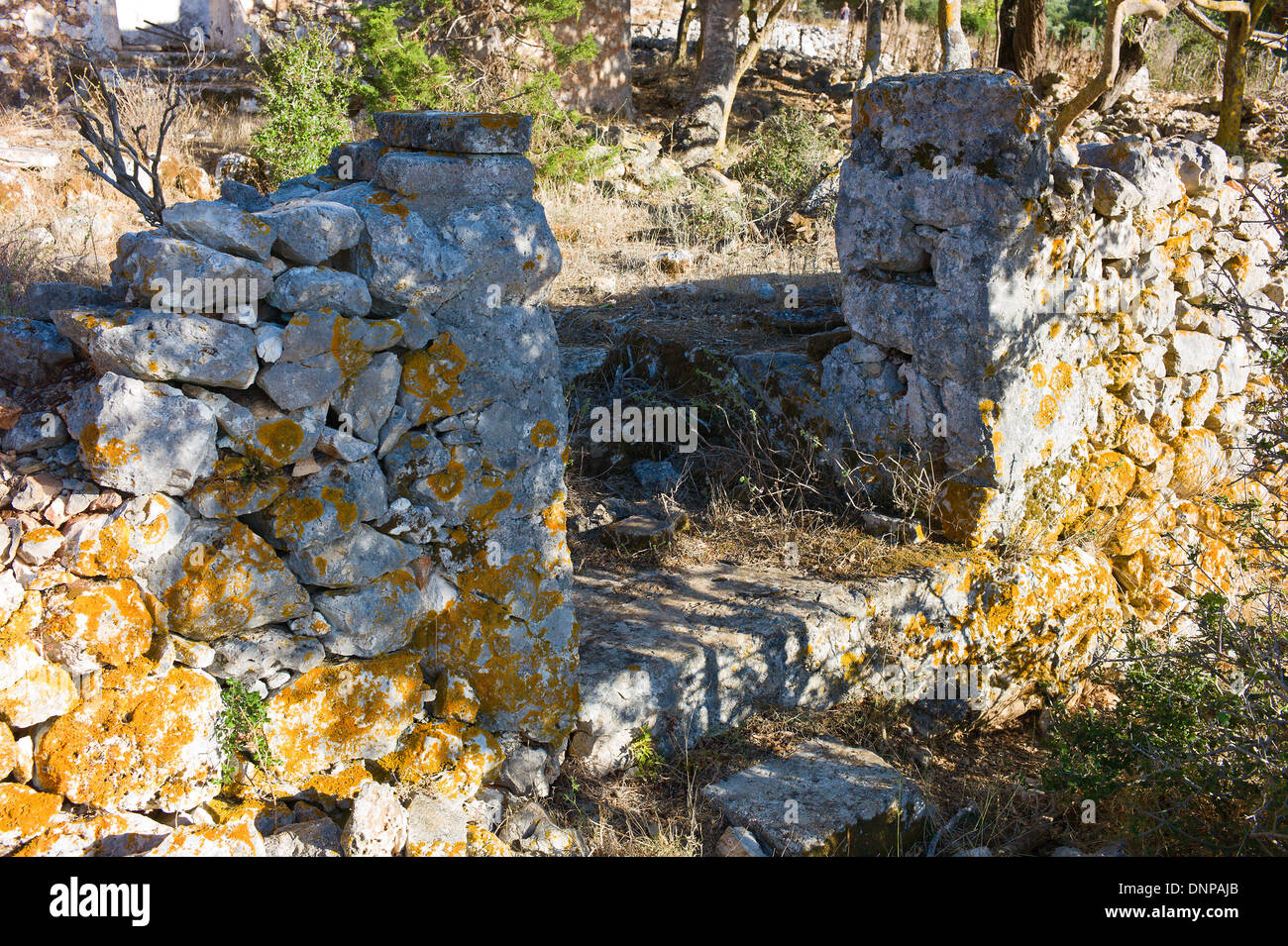 Muro di pietra e di ingresso gateway per edifici distrutti dal terremoto 1953 in Andipata Erisou vicino a Fiscardo, Cefalonia, Grecia Foto Stock