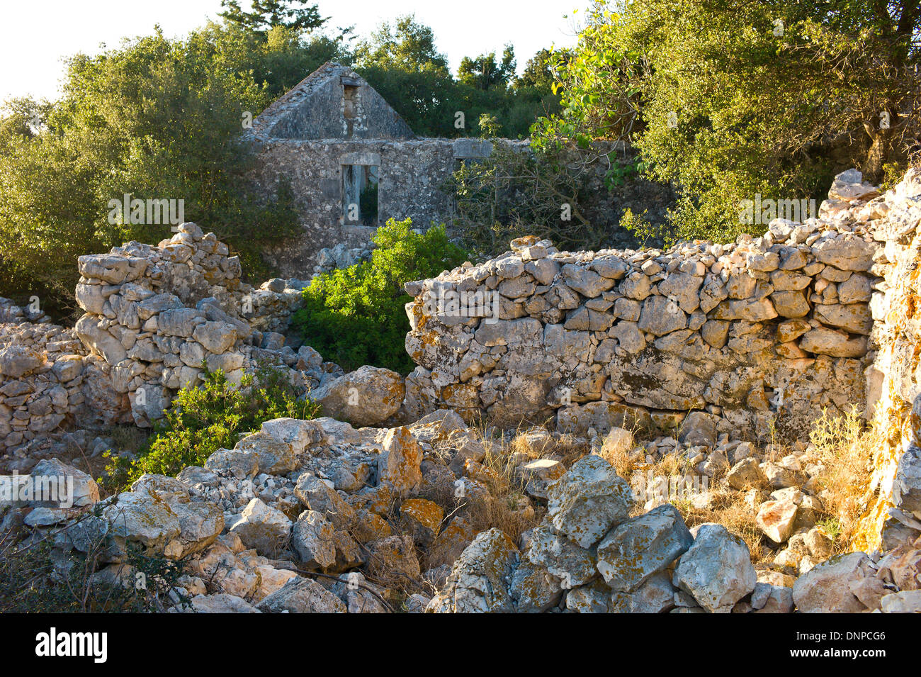 Resti di edifici distrutti dal terremoto 1953 in Andipata Erisou vicino a Fiscardo, Cefalonia, Grecia Foto Stock