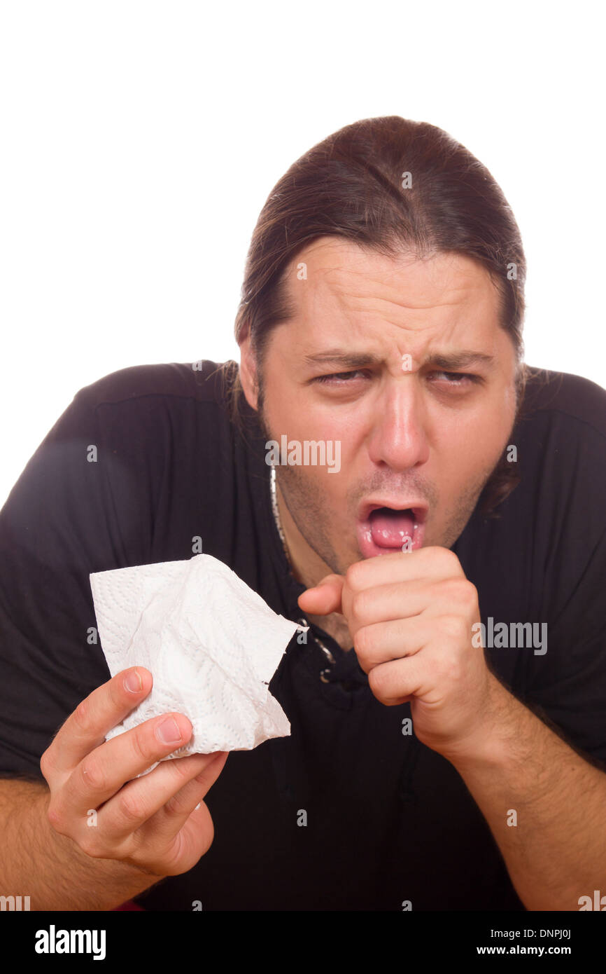 Uomo malato ha una tosse e raffreddore Foto Stock