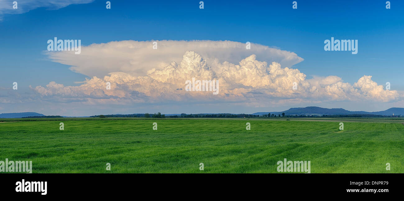 Thundercloud (cumulonimbus) su campo verde. La Baviera, Germania. Foto Stock