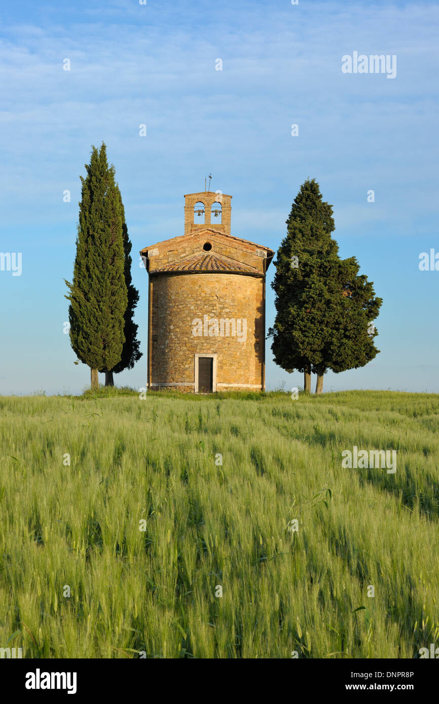 Cappella di Vitaleta con cipressi nel campo verde. Cappella di Vitaleta, Val d'Orcia, in provincia di Siena, Toscana, Italia. Foto Stock