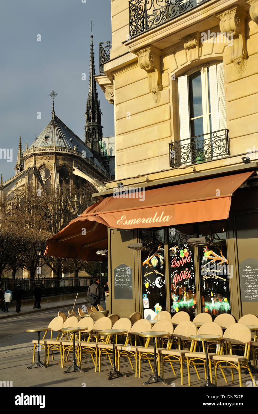 Café Esmeralda e vicino alla cattedrale di Notre Dame a Parigi, Francia Foto Stock