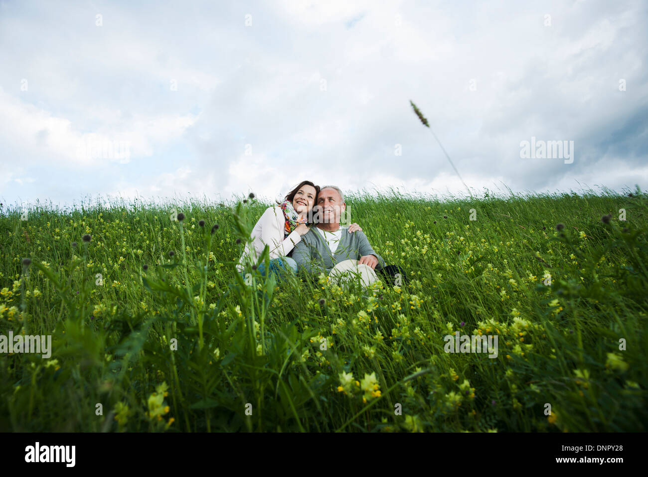 Coppia matura seduta nel campo di erba, abbracciando, Germania Foto Stock