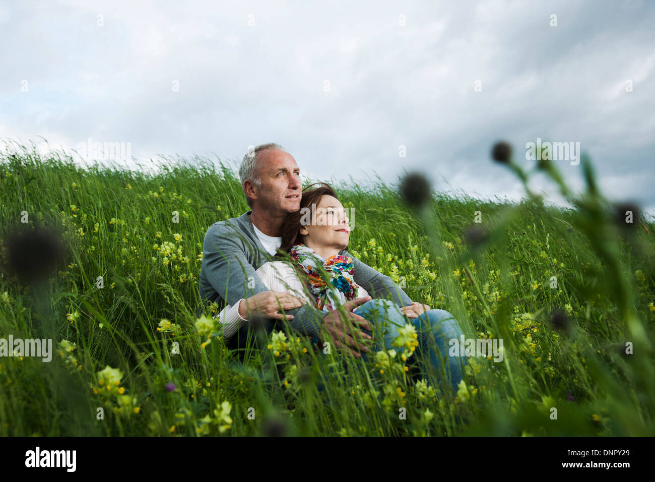 Coppia matura seduta nel campo di erba, abbracciando, Germania Foto Stock