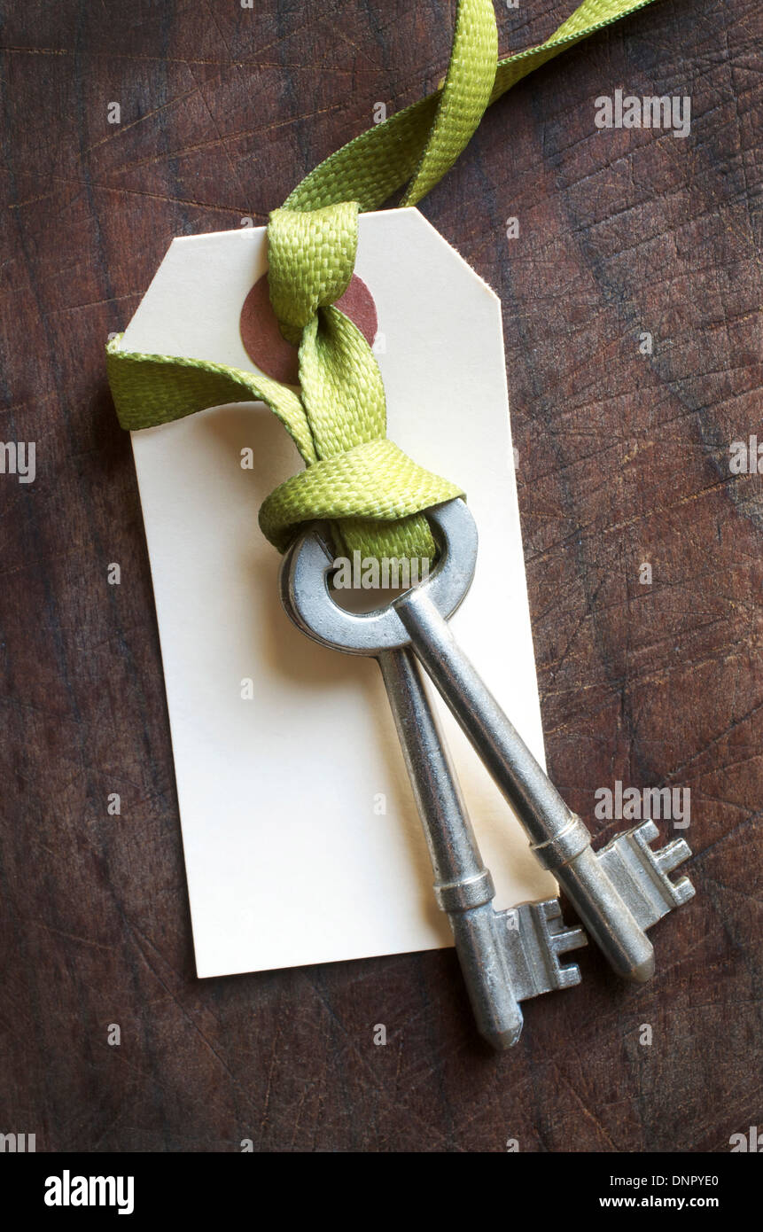 Coppia di chiavi di scheletro con tag su un laccio Foto Stock