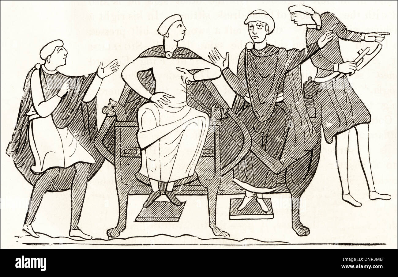 Guglielmo duca di Normandia dare ordini per la costruzione di navi per la invasione dell'Inghilterra dall'Arazzo di Bayeux. Silografia vittoriano circa 1845. Foto Stock