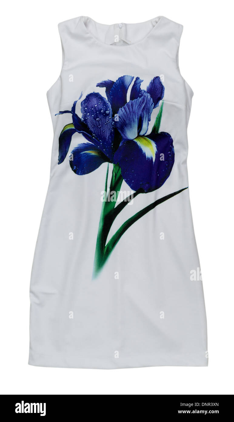 Abito bianco con il blu iris stampa. Isolare il bianco. Foto Stock