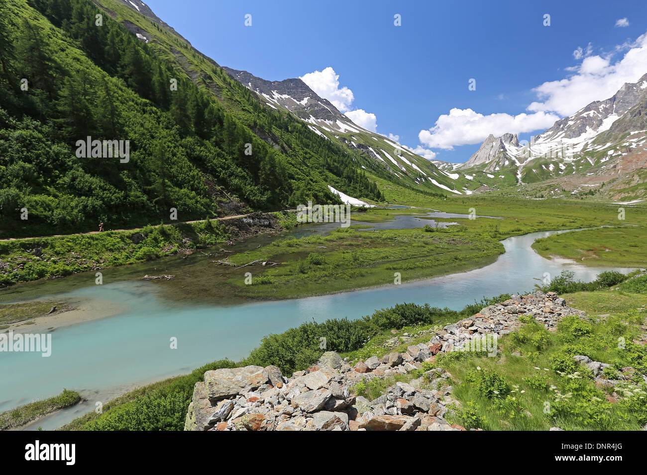 Lago Combal. La Val Veny. Paesaggio alpino, Monte Bianco massiccio montuoso. Valle d'Aosta. Alpi italiane. Foto Stock