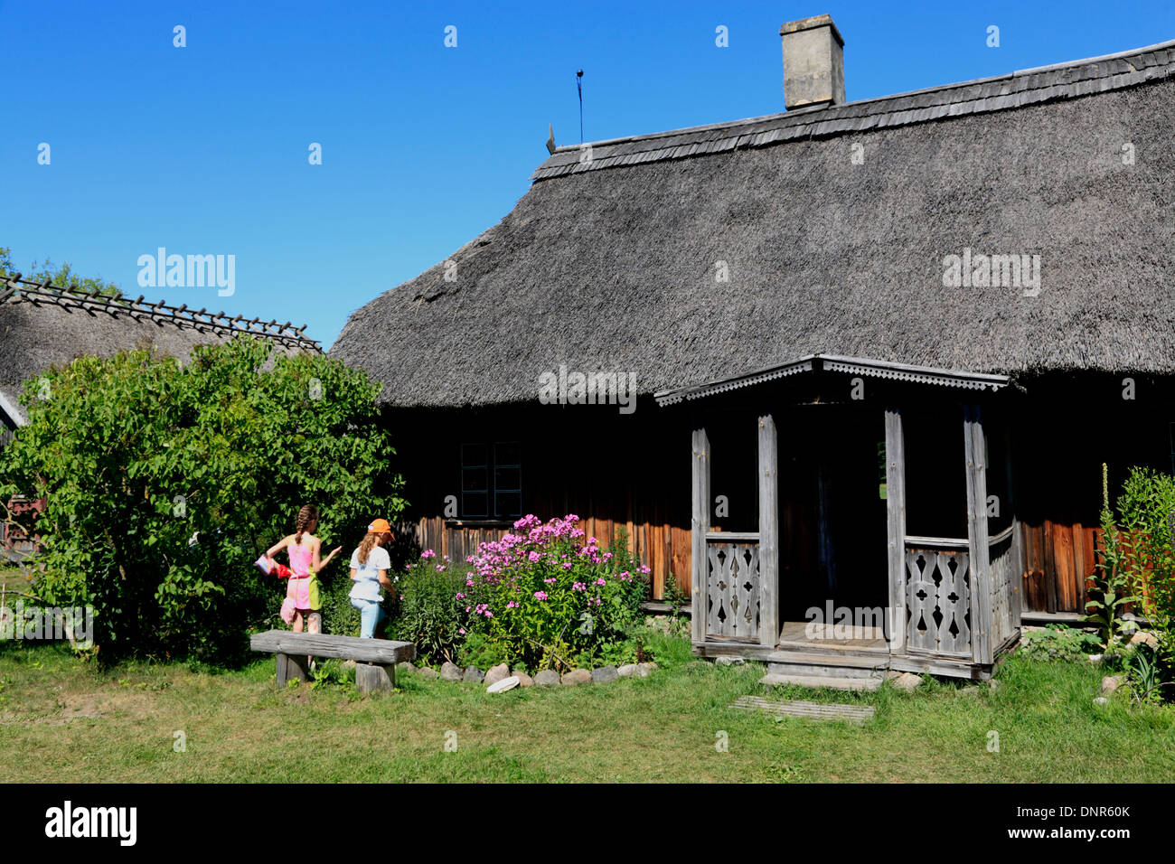 Con il tetto di paglia vecchia Fisher-casa a etnografico lettone open-air Museum vicino a Riga, Lettonia Foto Stock