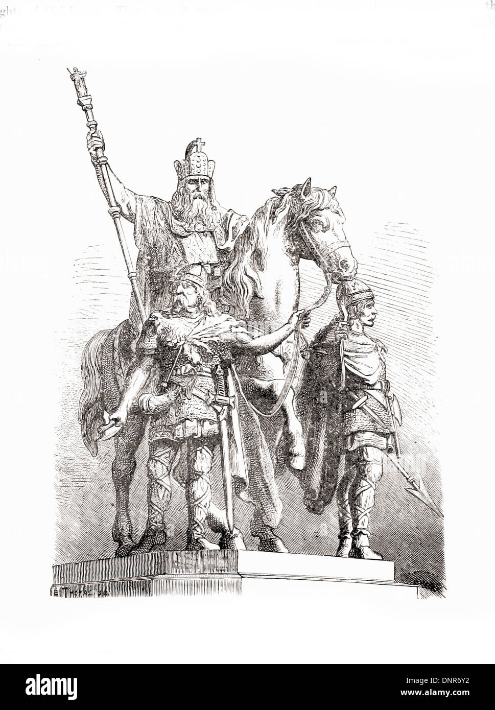 Statua equestre di Carlo Magno - Incisione britannica del XIX secolo Foto Stock