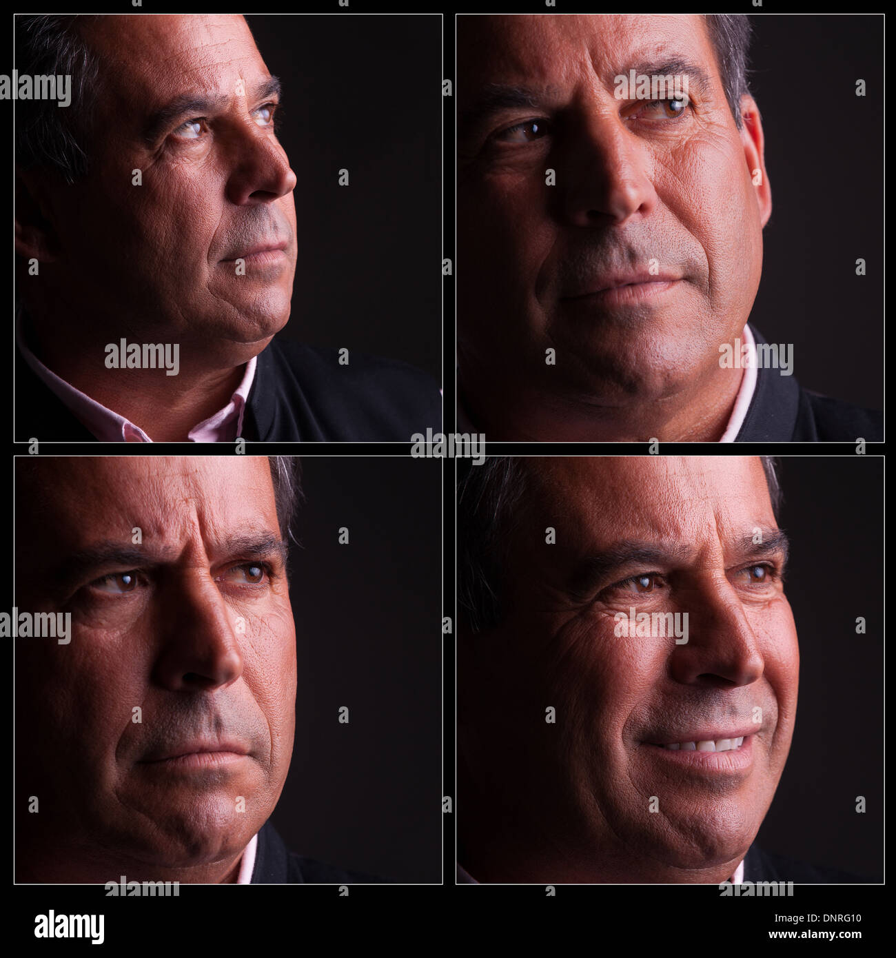 Quattro differenti espressioni di uomo di mezza età Foto Stock