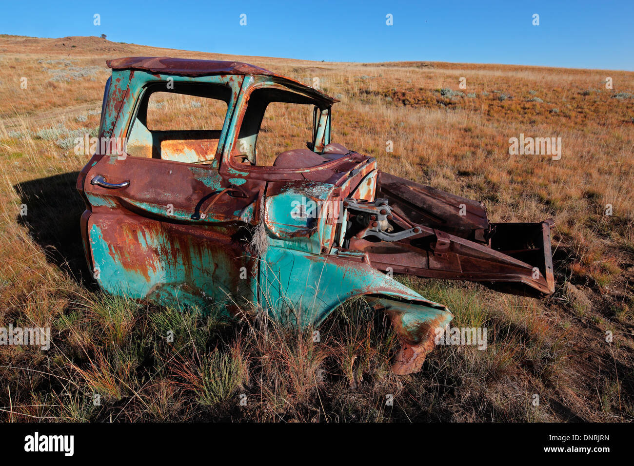 Relitto di un vecchio arrugginito pickup truck fuori nel campo Foto Stock