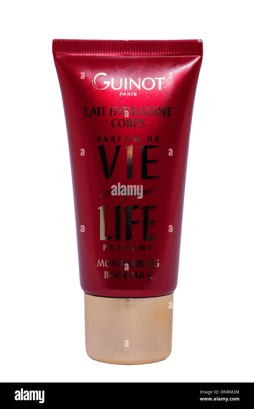 Un tubo di vita Guinot profumo corpo idratante latte su sfondo bianco Foto Stock