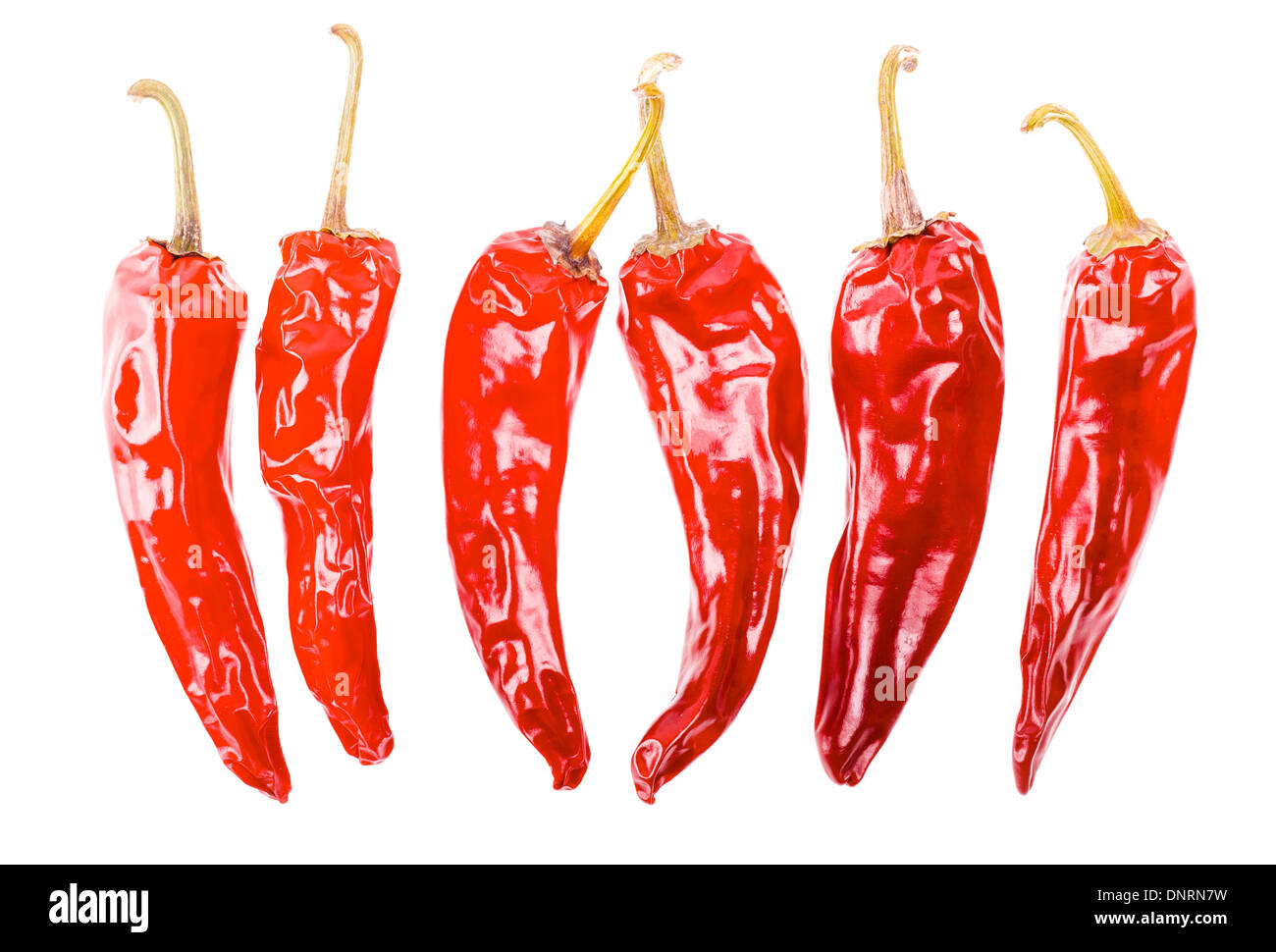 Essiccato Red Hot Chili Peppers isolati su sfondo bianco Foto Stock