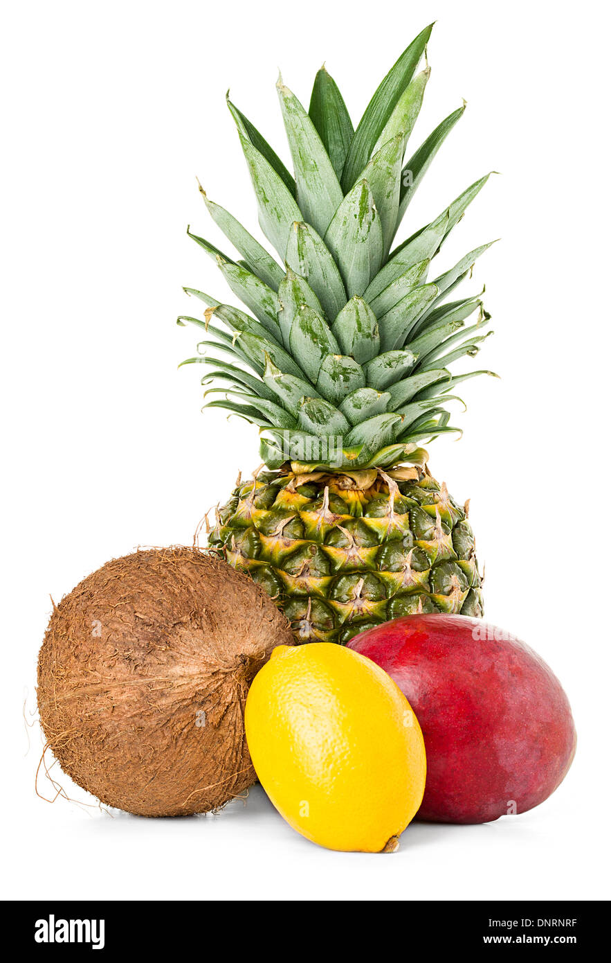 Assortimento di frutti esotici e isolato di cocco Foto Stock