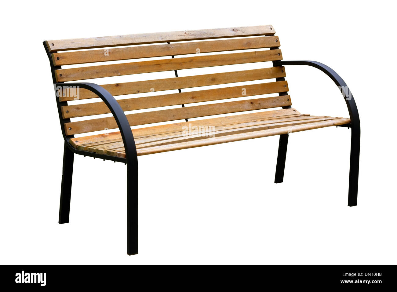 In legno di colore giallo a spiovente panchina da giardino con gambe in metallo. Isolato con patch. La produzione di massa Foto Stock