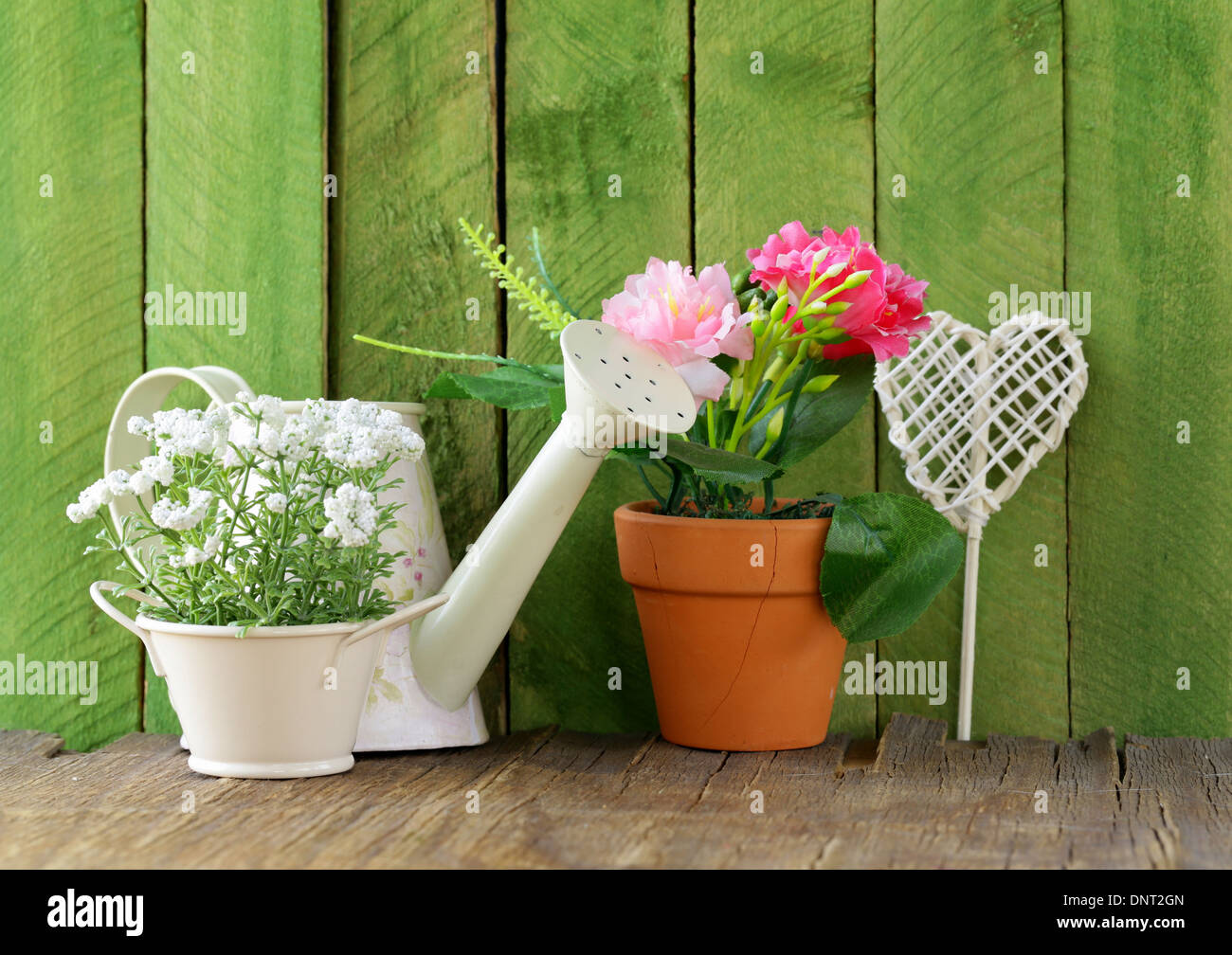 Rustico vita ancora annaffiatoio, fiori in vaso, attrezzi da giardino Foto Stock