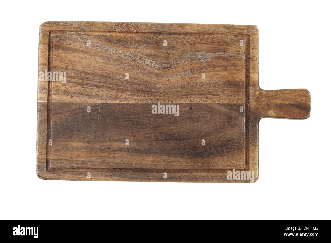 Orizzontale in legno invecchiato che serve cibo board isolato su bianco Foto Stock