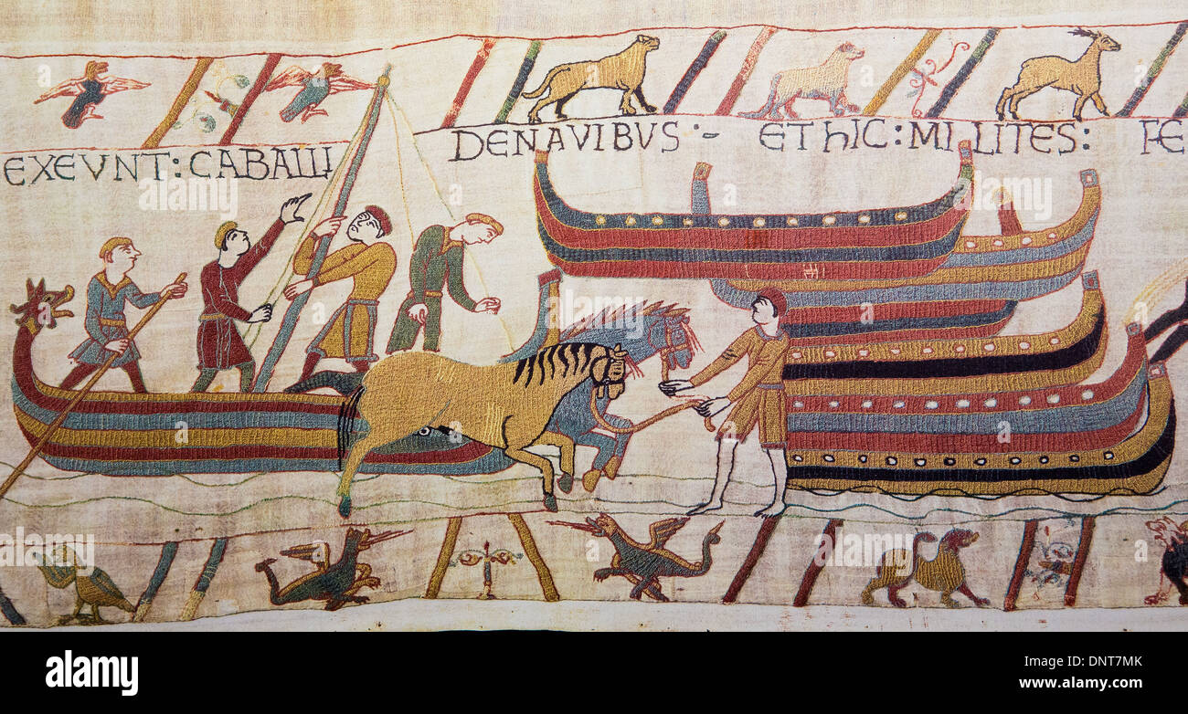 Dettaglio dell'Arazzo di Bayeux raffigurante il Normanno invasione dell'Inghilterra nel XI secolo Foto Stock