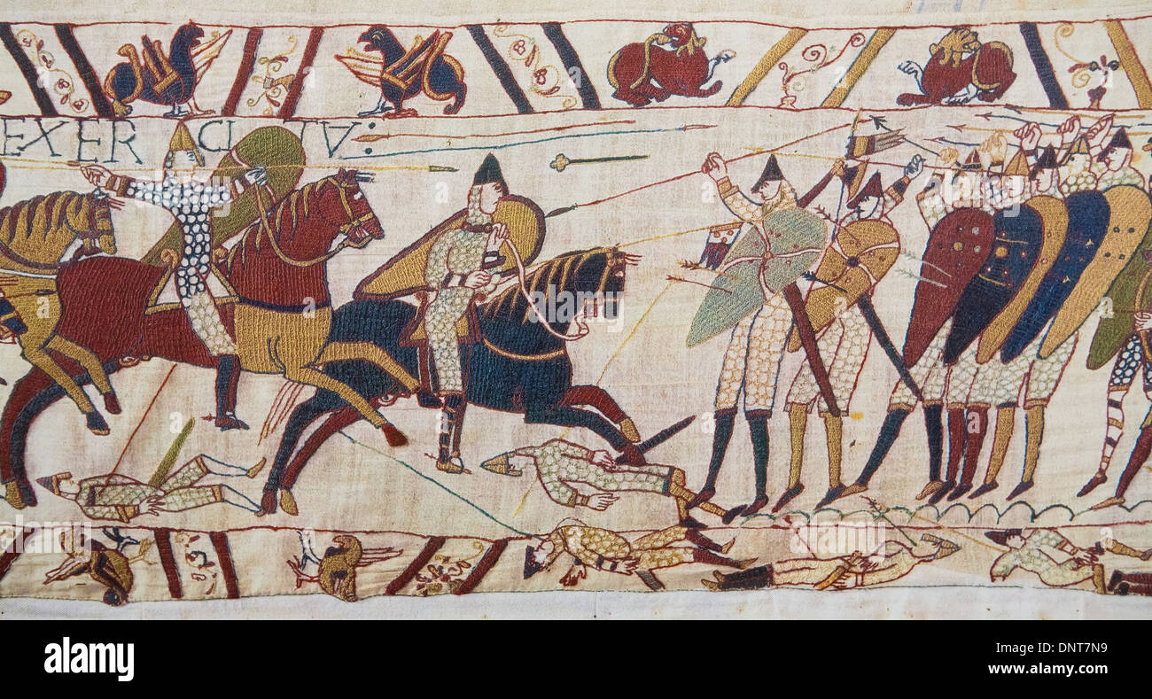 Dettaglio dell'Arazzo di Bayeux raffigurante il Normanno invasione dell'Inghilterra nel XI secolo Foto Stock