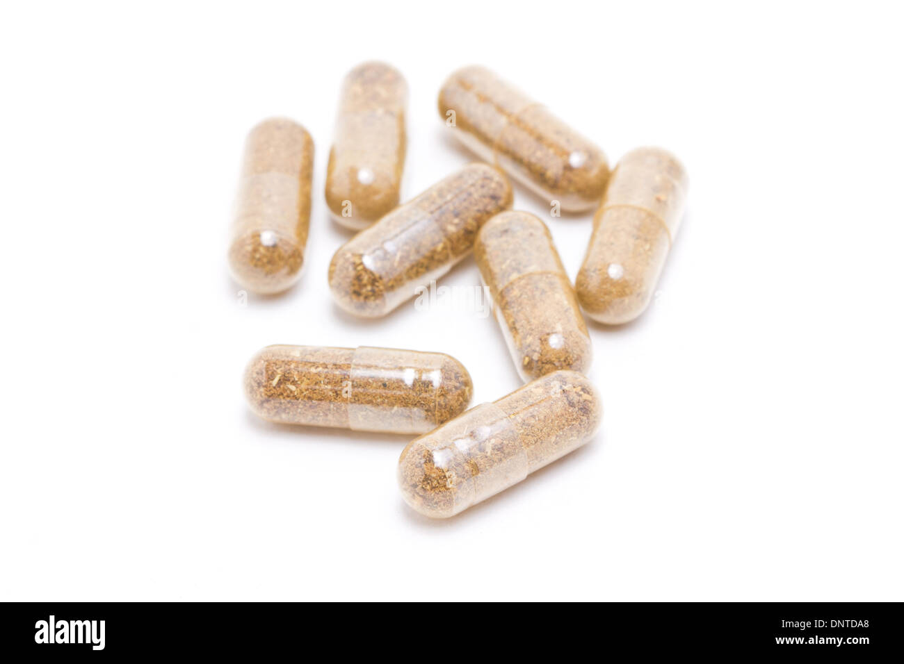 Capsula a base di erbe medicinali isolato su bianco. Foto Stock