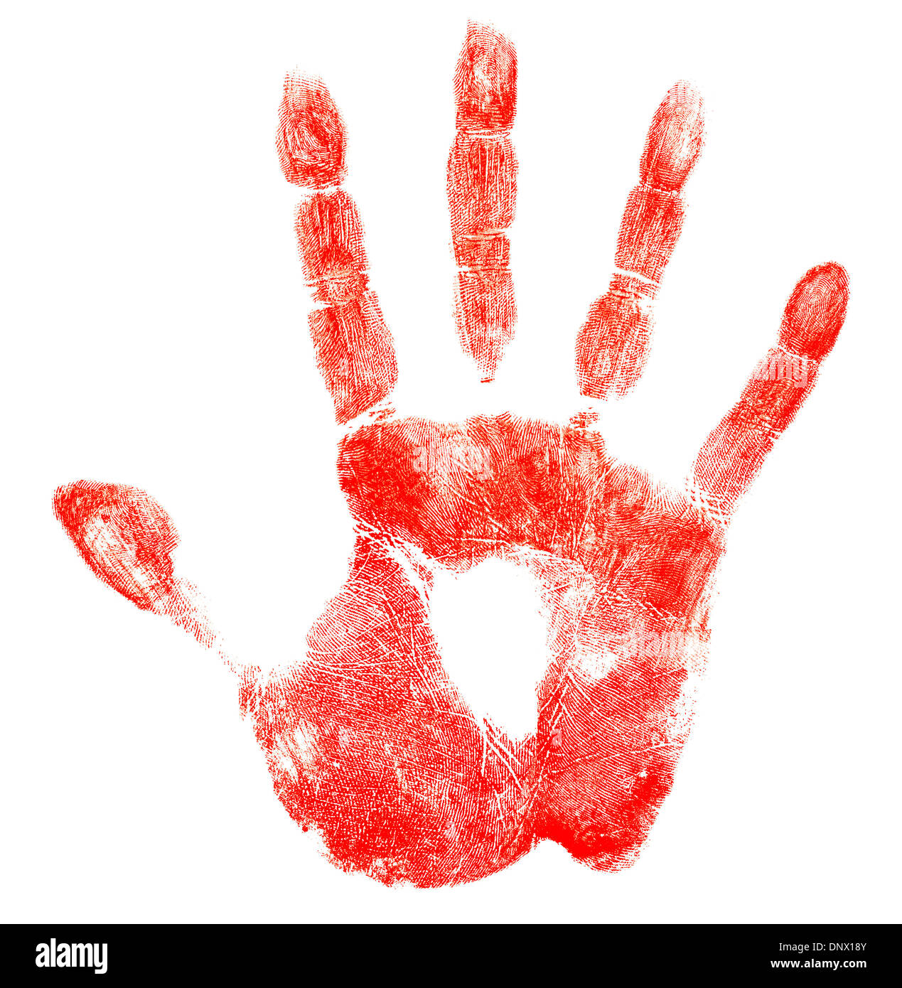 Bloody mano rossa stampa isolato su bianco Foto Stock