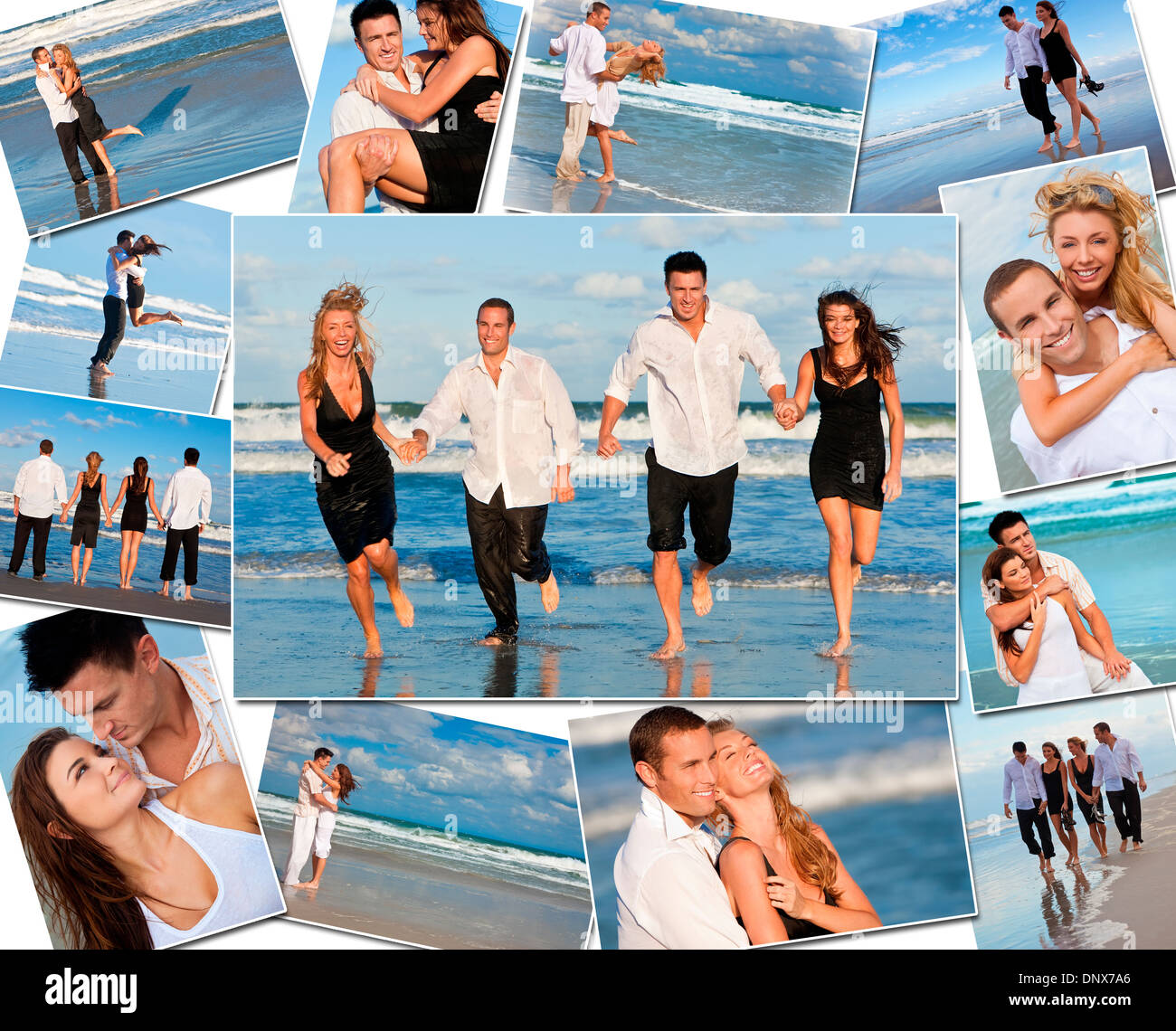 Amici, coppie romantiche uomini donne godendo di un sano stile di vita attivo su vacanze, spiaggia a giocare in mare Foto Stock