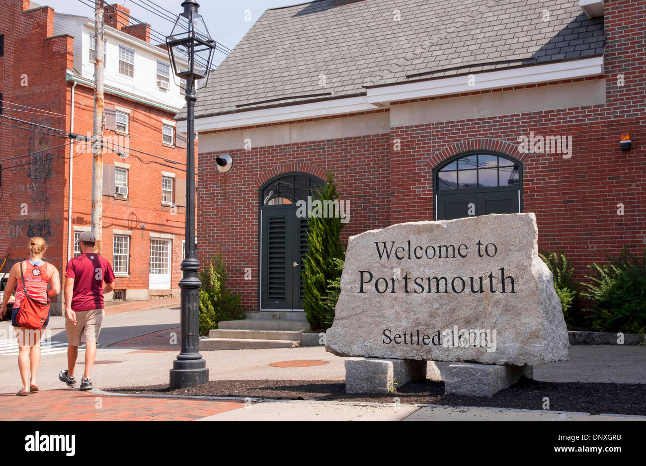 Segno di benvenuto a Portsmouth, New Hampshire. Foto Stock
