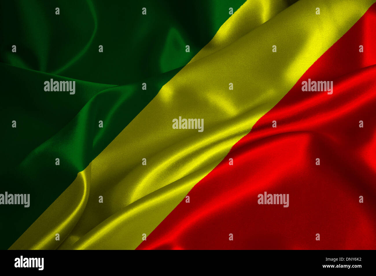 Repubblica del Congo bandiera su raso texture. Foto Stock